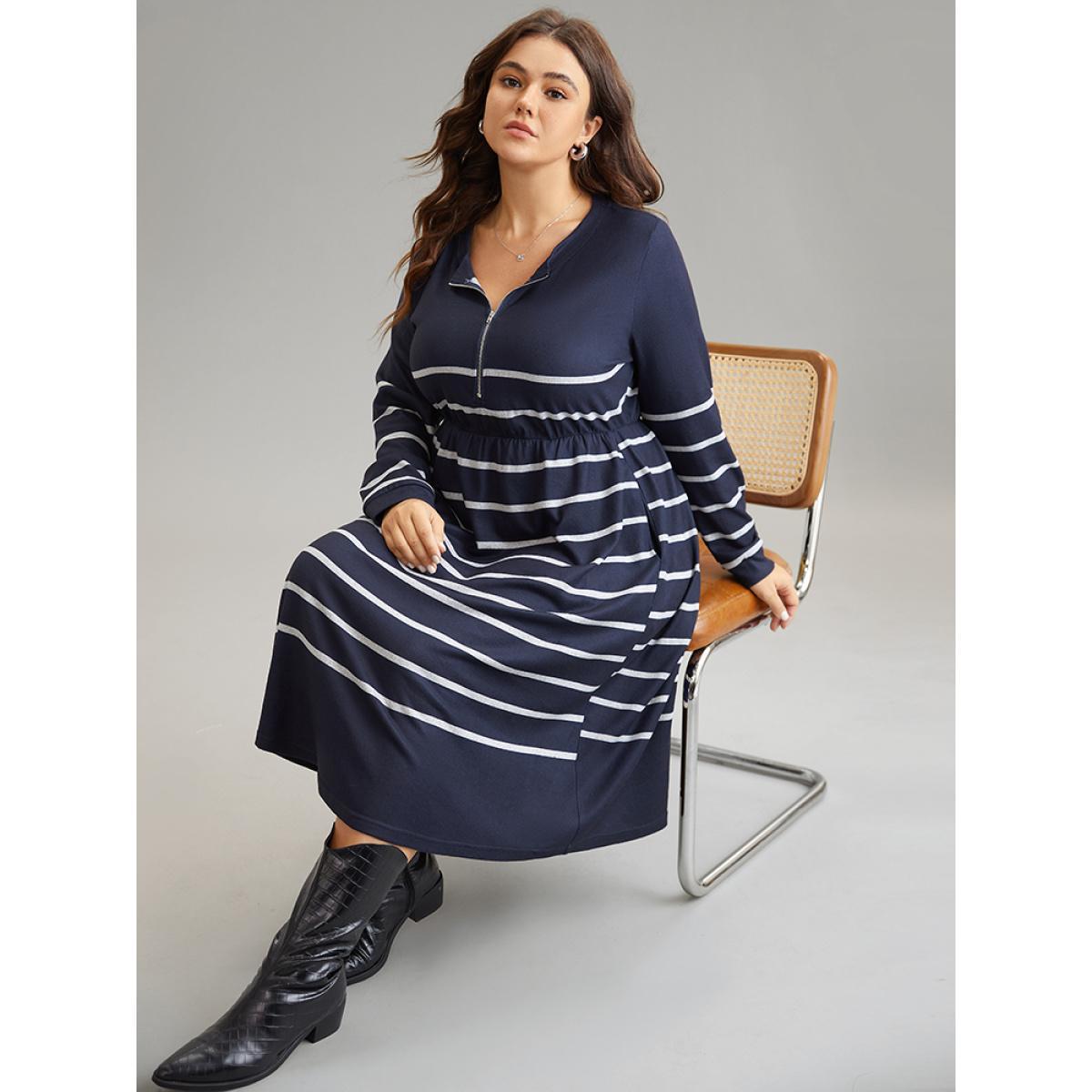 Plus Size Striped Elastic Waist Pocket Zipper Dress DarkBlue Women Casual Printed Round Neck Long Sleeve Curvy Midi Dress BloomChic 10/M Product Image