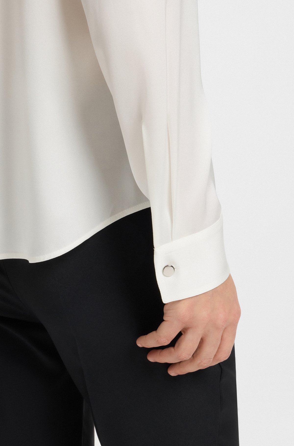 BOSS - Ruched-neck blouse in stretch-silk crepe de Chine - White Product Image