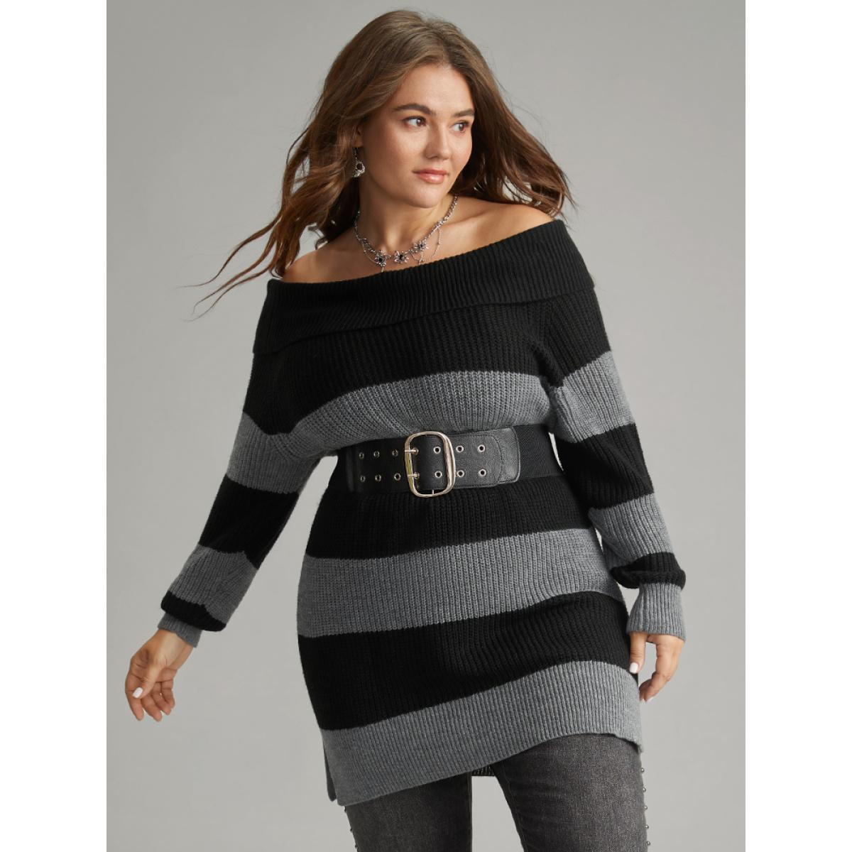 Plus Size Colorblock Drop Shoulder Lapel Collar Pullover Black Women Casual Loose Long Sleeve Lapel Collar Festival-Halloween Pullovers BloomChic 30/6X Product Image