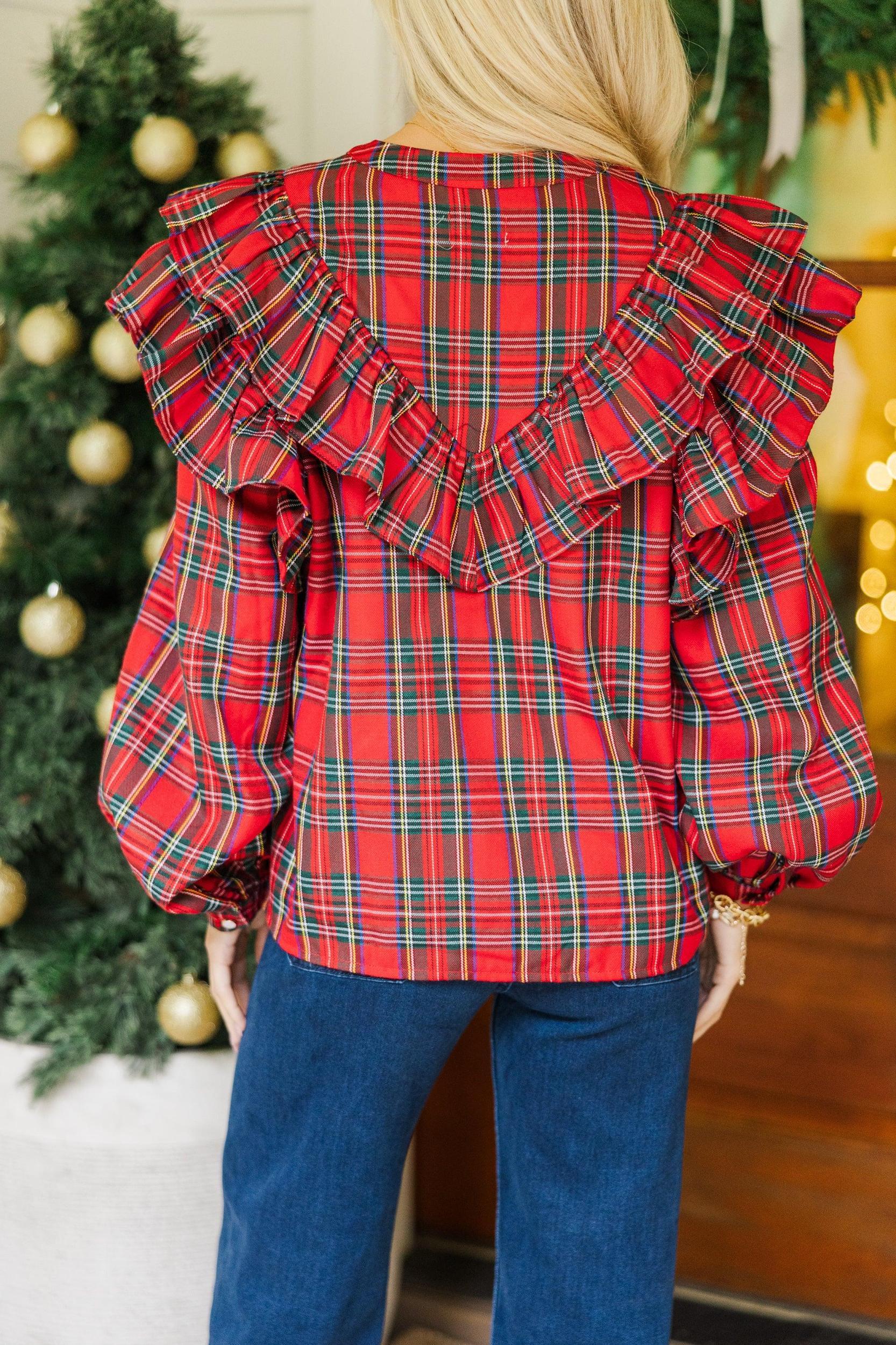 It's All Possible Red Tartan Plaid Button Down Blouse Female Product Image