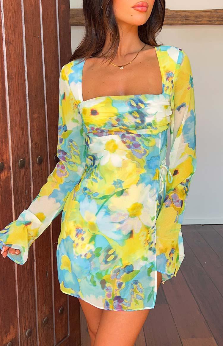 Lucy Blue Floral Long Sleeve Mini Dress Product Image