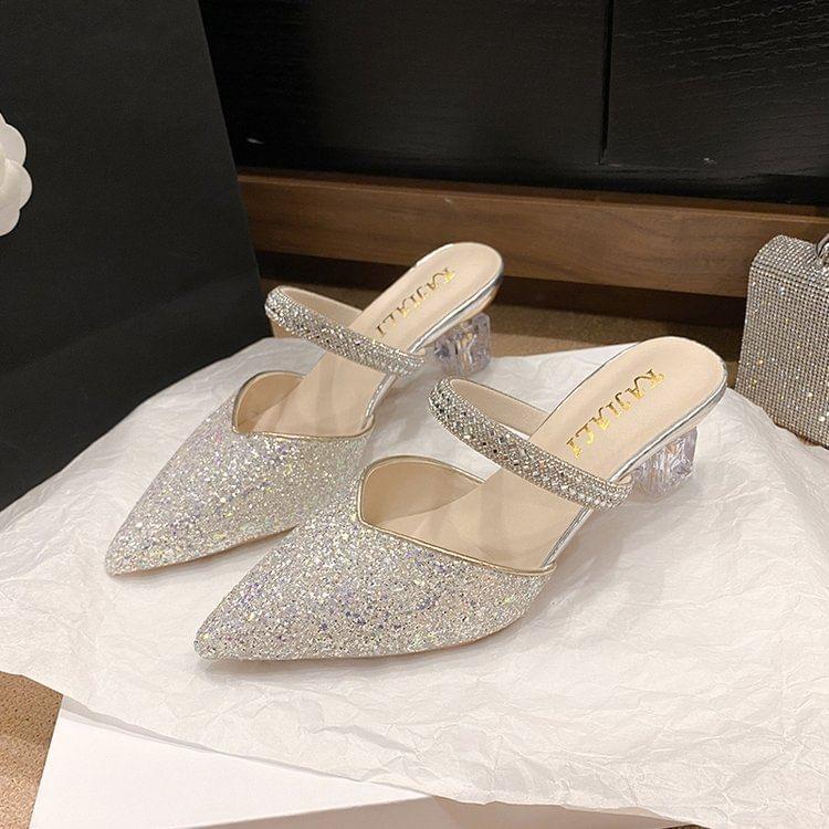 Pointy Rhinestone Sequined Chunky Heel Mules Product Image