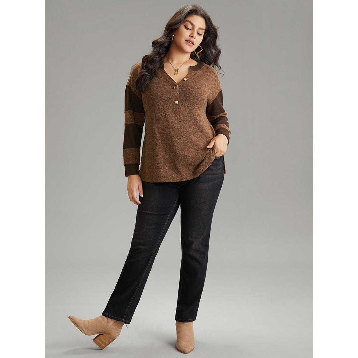 Plus Size Contrast Patchwork Notched Button Up T-shirt DarkBrown Women Casual Contrast Plain Notched collar Dailywear T-shirts BloomChic 22-24/3X Product Image