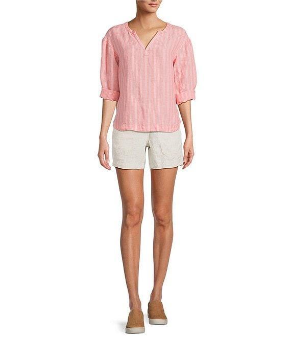 L.L.Bean Linen Striped Split Round Neck Long Sleeve Blouse Product Image