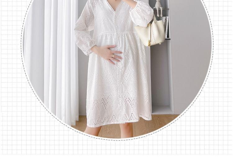 Maternity Puff-Sleeve V-Neck Plain Mini Dress Product Image