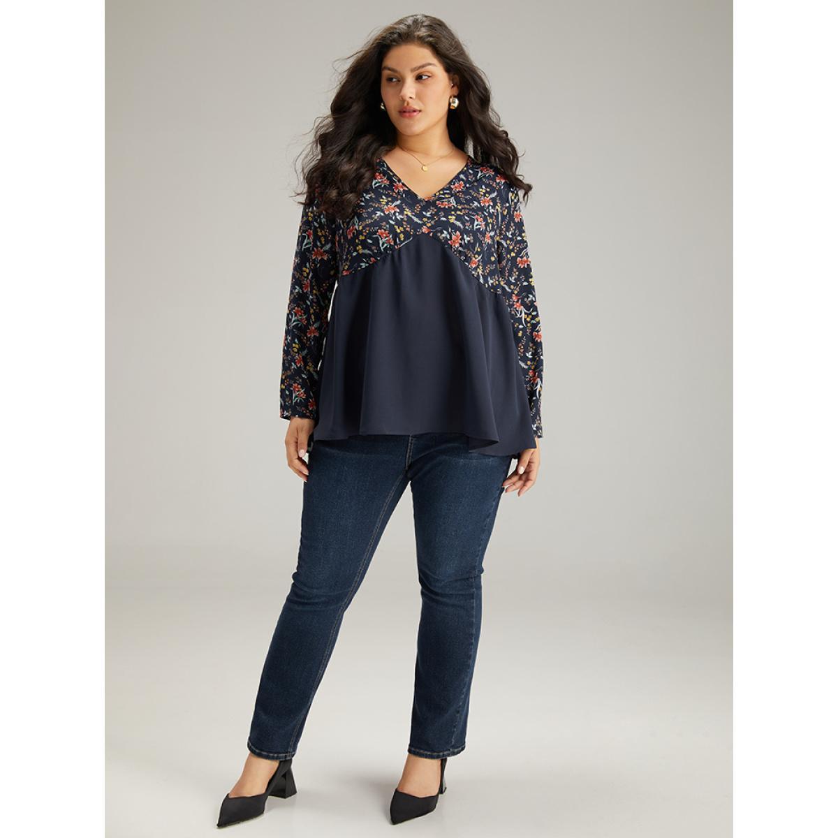 Plus Size Indigo Floral Print Patchwork Pleated Blouse Women Elegant Long Sleeve V-neck Dailywear Blouses BloomChic 26/4X Product Image