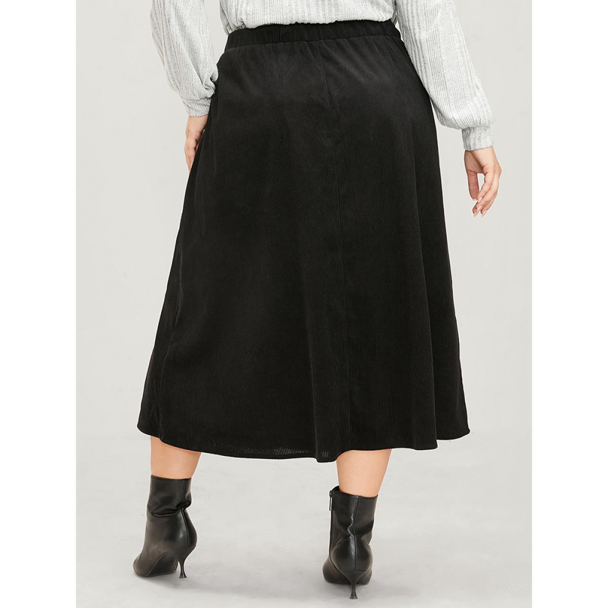 Plus Size Solid Button Detail Pocket Elastic Waist Corduroy Skirt Women Black Elegant Button No stretch Pocket Dailywear Skirts BloomChic 26/4X Product Image