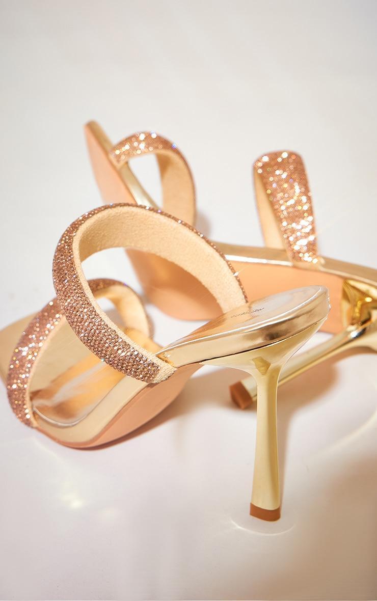 Gold Metallic Square Toe Diamante Padded Strap Heeled Sandals Product Image