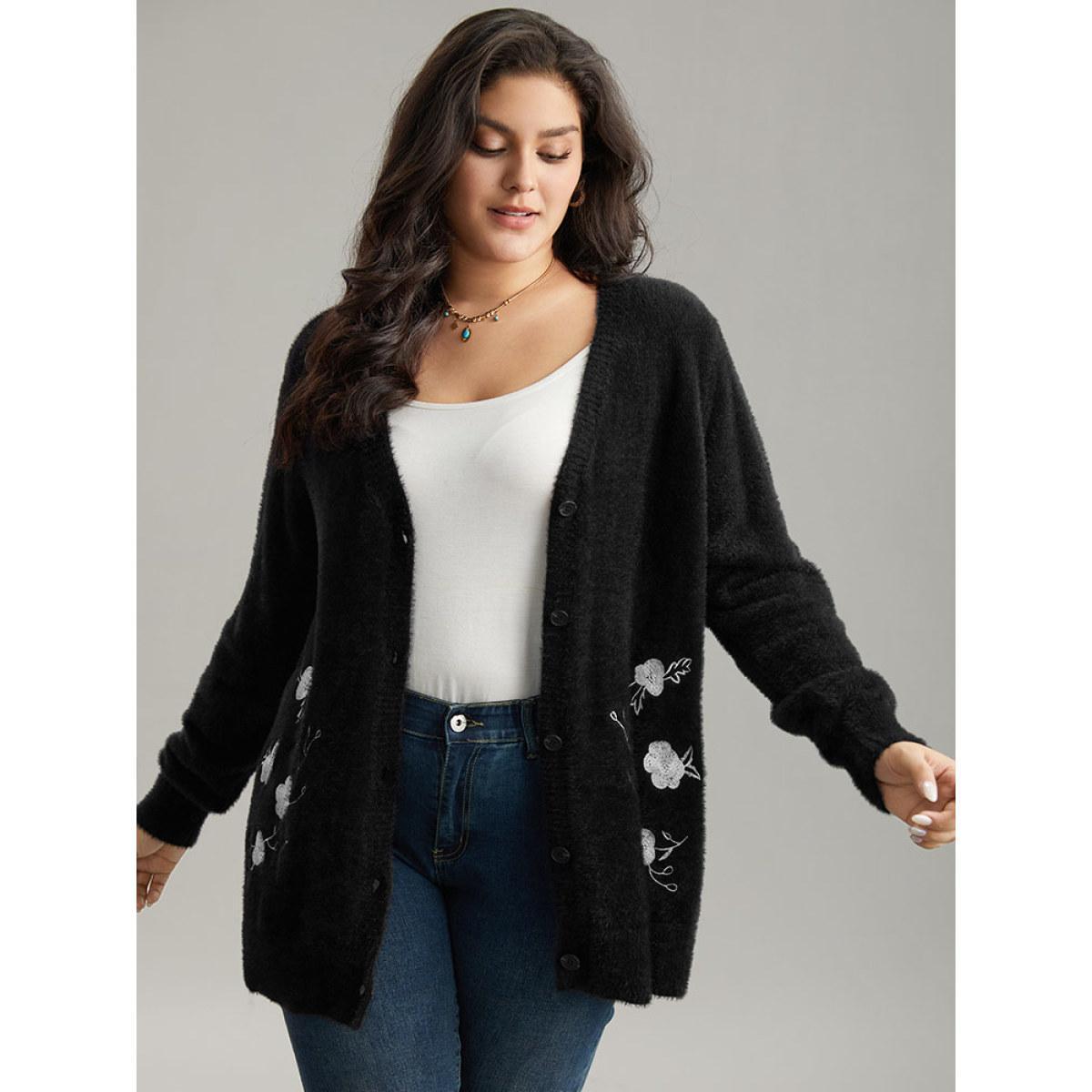 Plus Size Floral Embroidered Fuzzy Open Front Cardigan Black Women Casual Loose Long Sleeve Everyday Cardigans BloomChic 18-20/2X Product Image