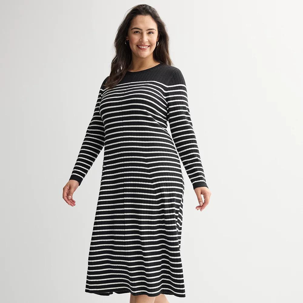 Plus Size Nine West Flare Sweater Dress, Women's, Size: 0X, Black Stripe Product Image