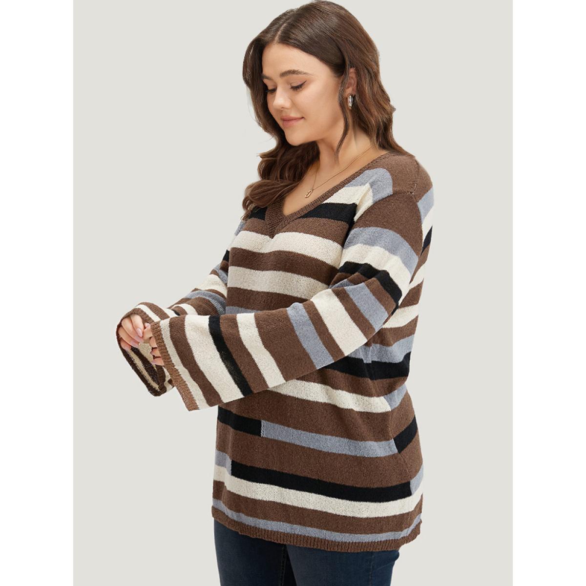 Plus Size Striped Colorblock Contrast V Neck Pullover Multicolor Women Casual Long Sleeve V-neck Dailywear Pullovers BloomChic 26/4X Product Image