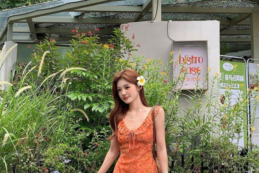 Sleeveless V-Neck Floral Print Ruffle Trim Tie Waist Maxi A-Line Dress Product Image