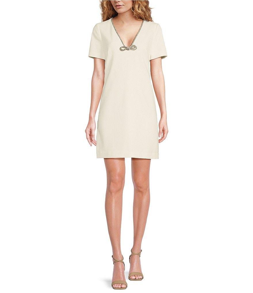 Trina Turk Obelle Luxe Drape Suiting Rhinestone Trim V-Neck Short Sleeve Dress Product Image
