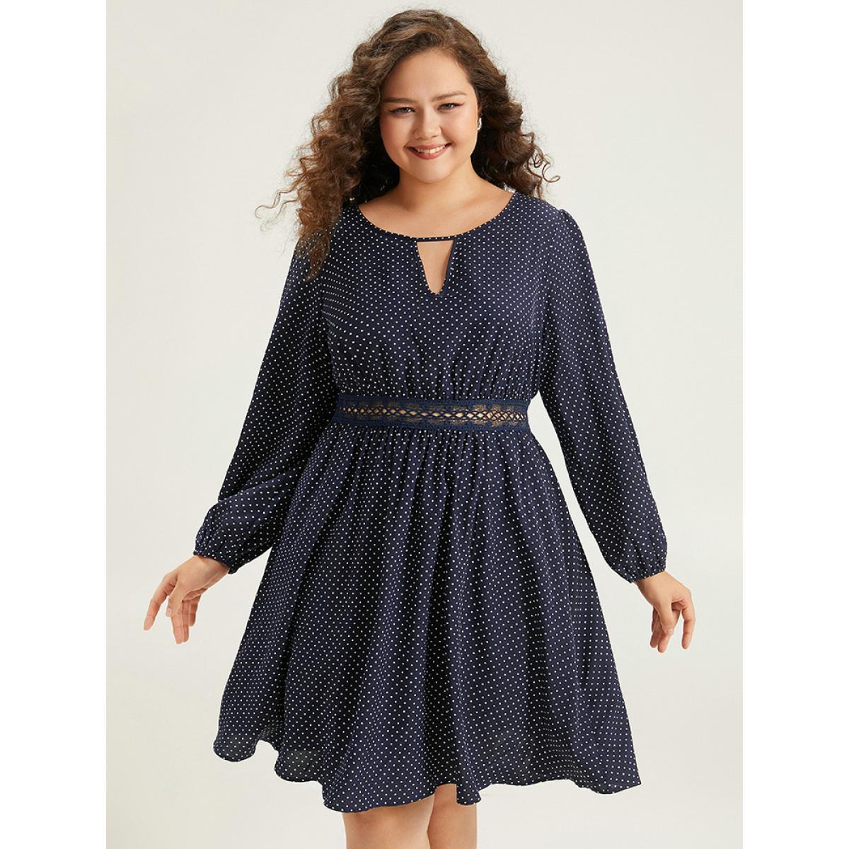 Plus Size Polka Dot Keyhole Lace Panel Dress Indigo Women Office Elastic cuffs Keyhole Cut-Out Long Sleeve Curvy Knee Dress BloomChic 28/5X Product Image