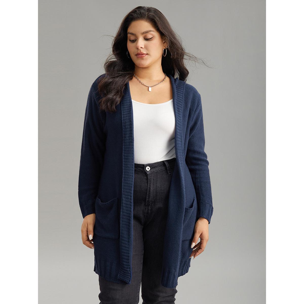 Plus Size Plain Texture Pocket Hooded Cardigan Aegean Women Casual Loose Long Sleeve Dailywear Cardigans BloomChic 12/L Product Image
