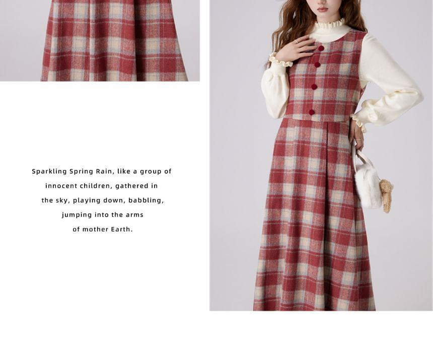 Sleeveless Crew Neck Plaid Button Accent Midi A-Line Dungaree Dress Product Image