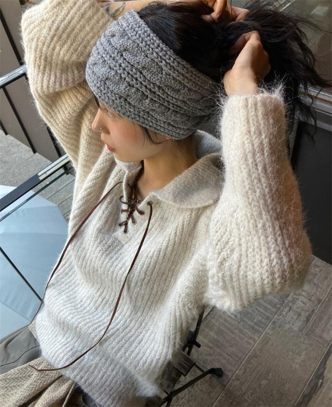 Collar Plain Lace-Up Ribbed Sweater Product Image