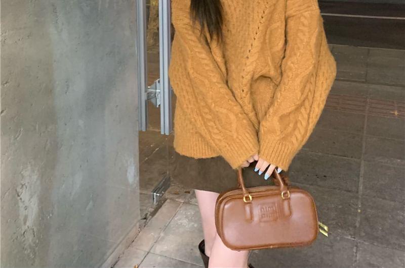 V-Neck Plain Cable Knit Sweater Product Image