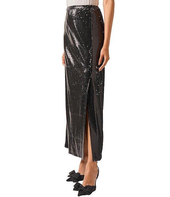 MISOOK Woven Sequin Side Slit Maxi Skirt Product Image