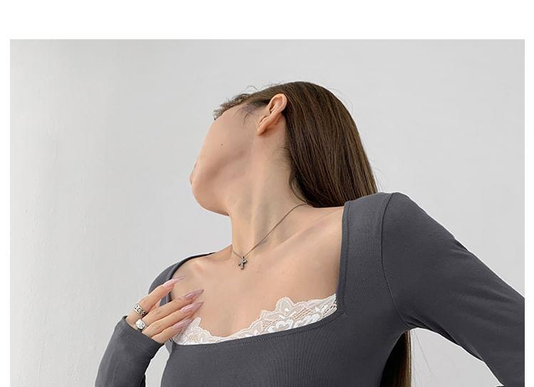 Lace-Trim Square-Neck Crop Tee in 6 Colors Product Image