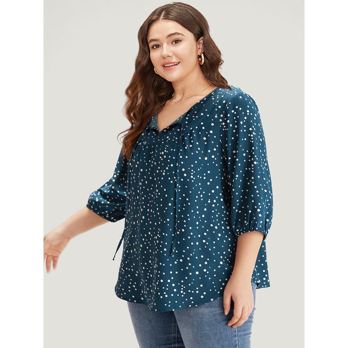 Plus Size Aegean Polka Dot Knot Neck Arc Hem Blouse Women Elegant Elbow-length sleeve Tie Neck Dailywear Blouses BloomChic 26/4X Product Image