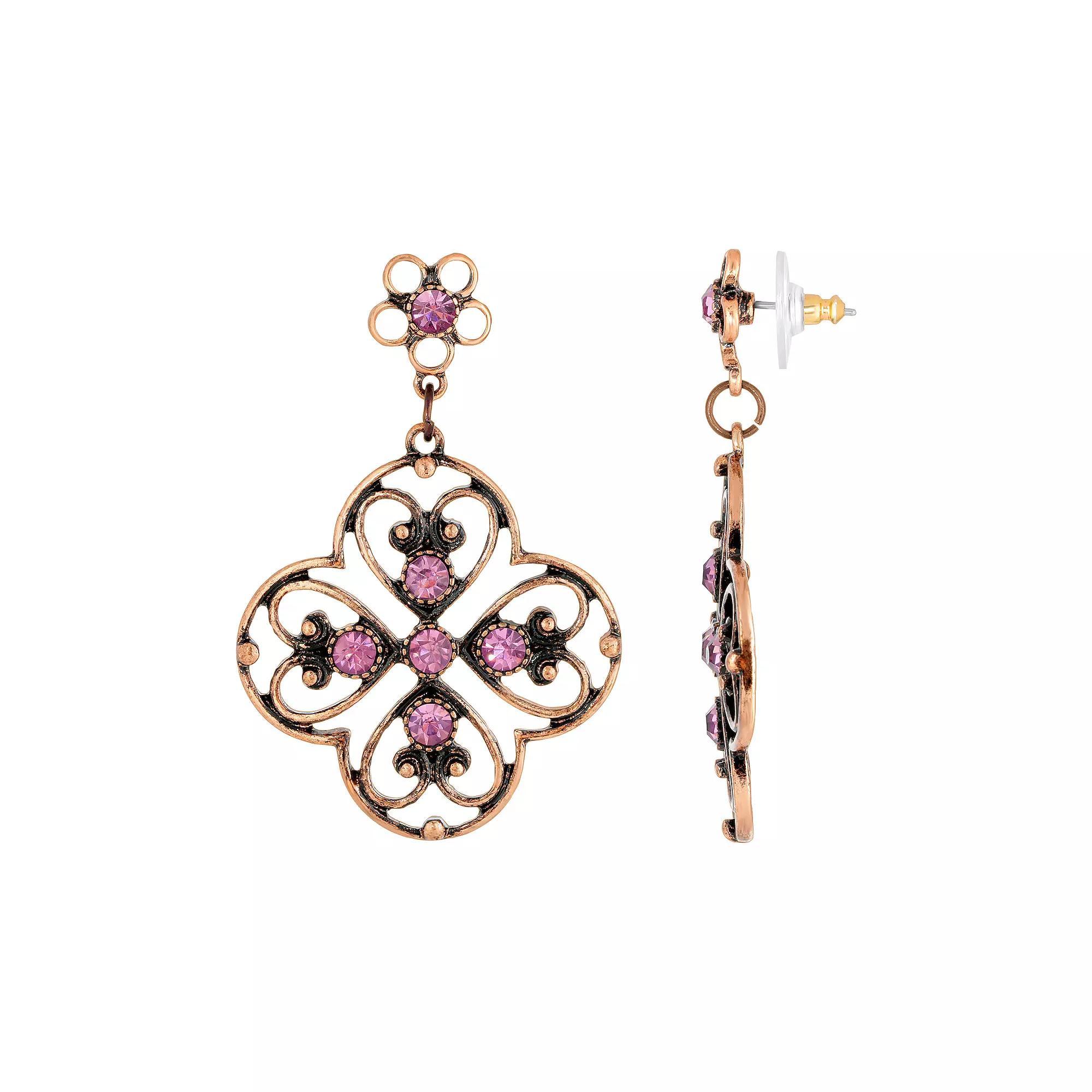 1928 Copper Tone Purple Filigree Drop Earrings, Womens Product Image
