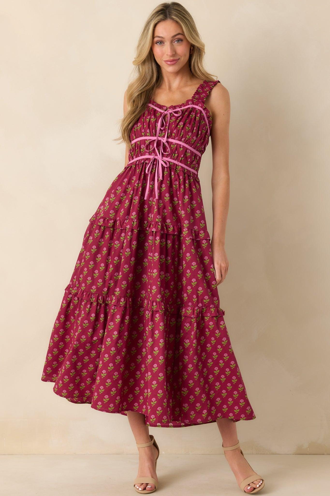 Endless Compliments Burgundy Floral Print Cotton Maxi Dress Product Image