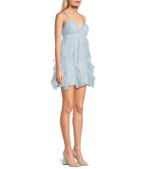 Pear Culture Sequined Lace V-Neck Spaghetti Strap Ruffled Dress Product Image