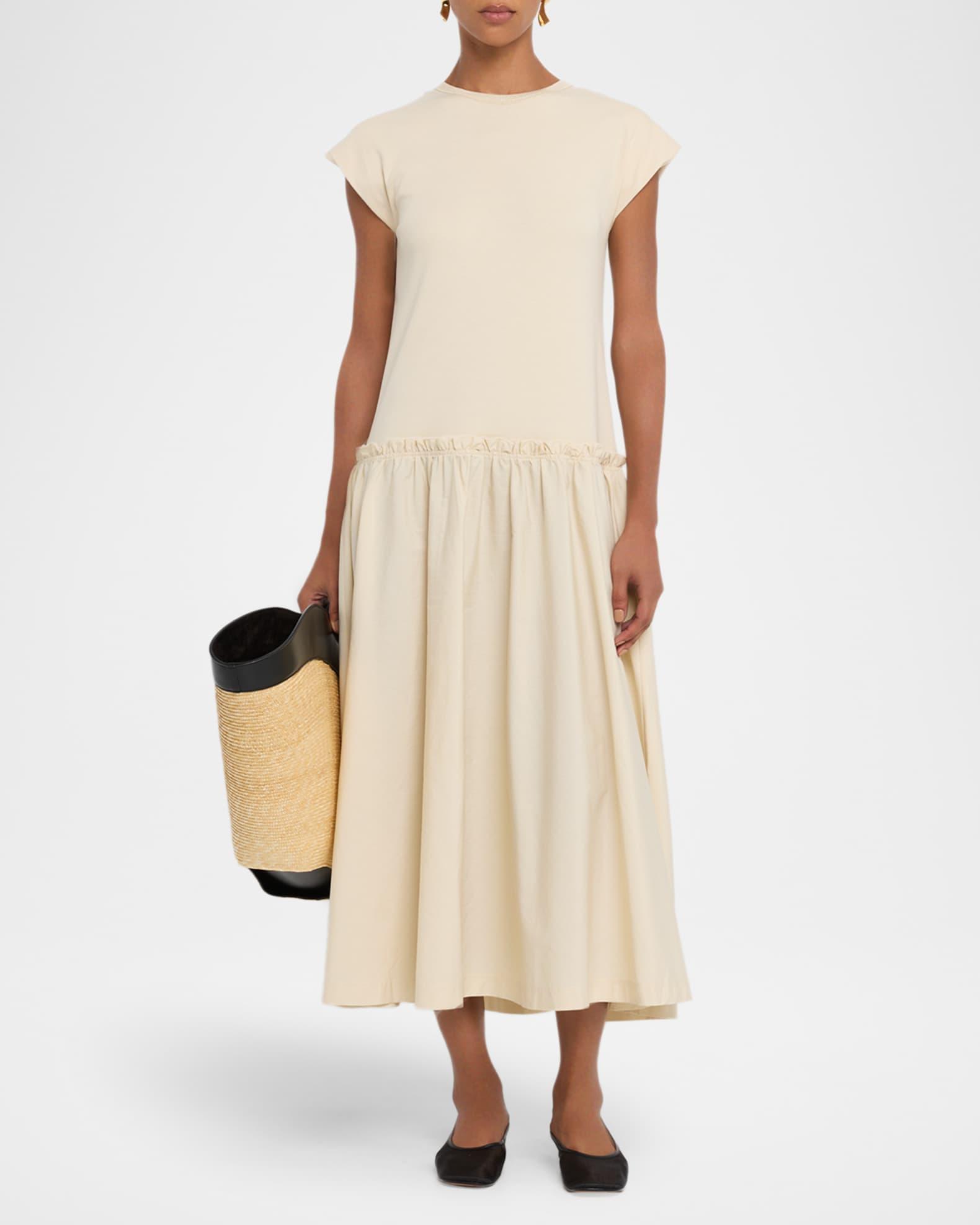 Cap-Sleeve Cotton Jersey & Poplin Midi Dress Product Image