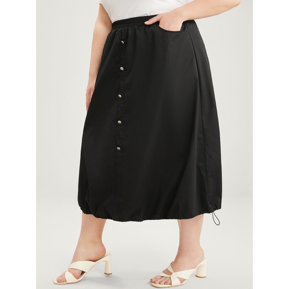 Plus Size Solid Pocket Button Detail Drawstring Hem Skirt Women Black Elegant Drawstring No stretch Pocket Dailywear Skirts BloomChic 26/4X Product Image