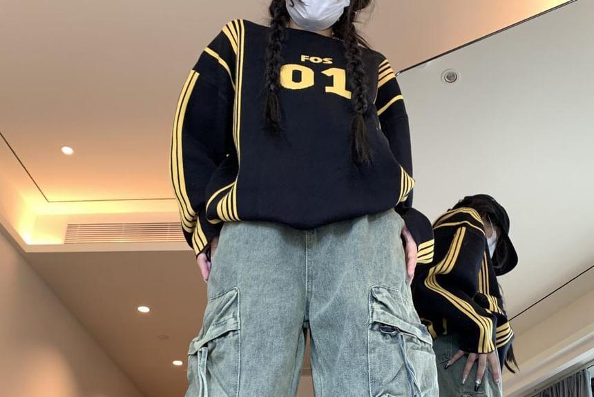 High Rise Washed Wide Leg Cargo Jeans Product Image
