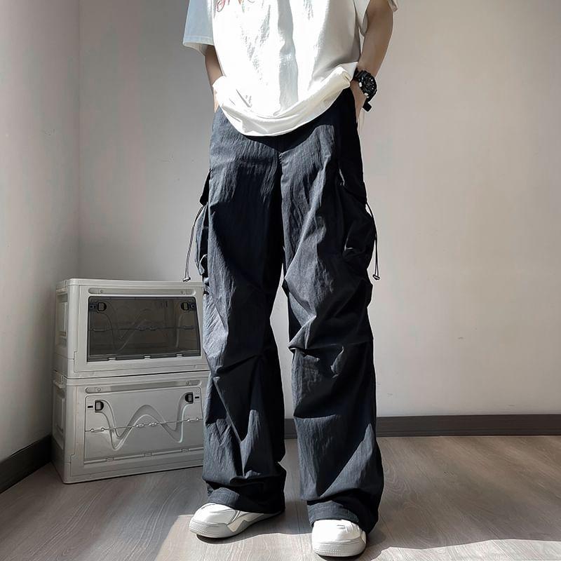 Mid Rise Plain Wide Leg Cargo Parachute Pants Product Image