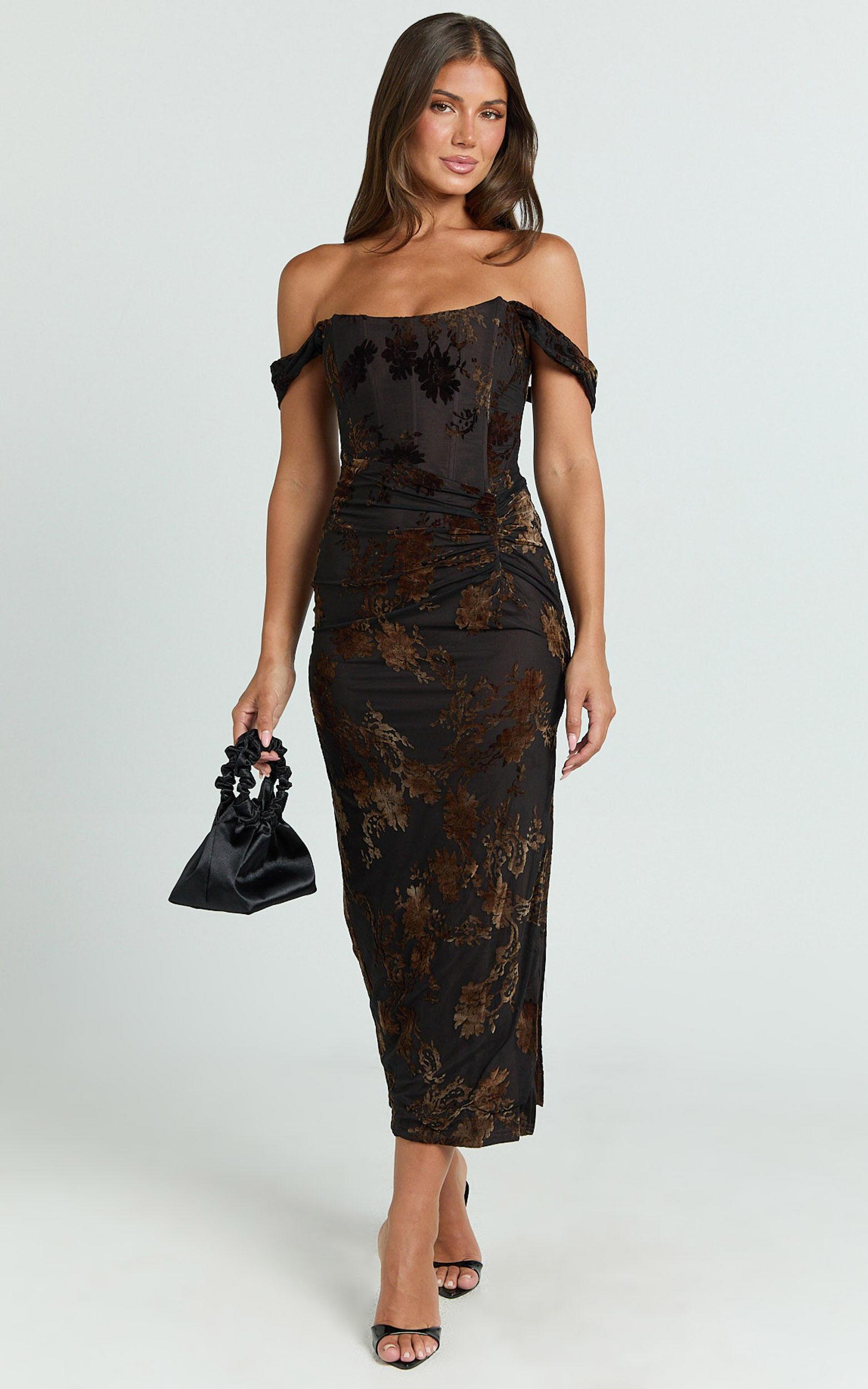Karlene Midi Dress - Ruched Corset Burnout Dress in Black and Brown Product Image