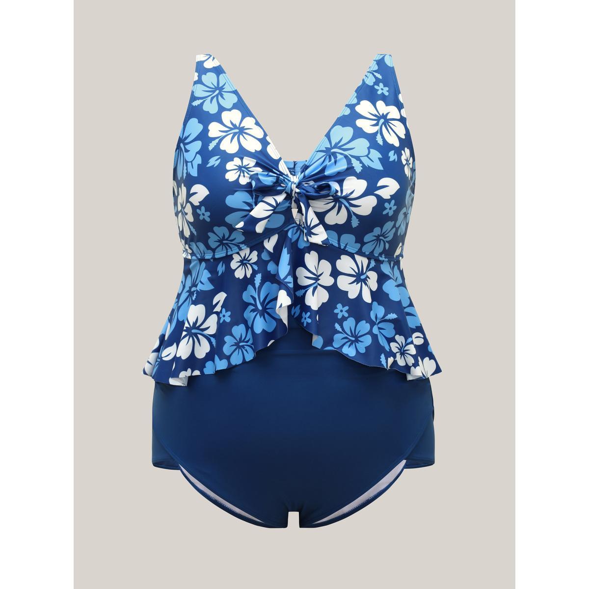 Plus Size Floral Print Twist-Front One-Piece Swimsuit Women's Swimwear Aegean Beach Tie knot Curve Bathing Suits High stretch One Pieces BloomChic 18-20/2X Product Image