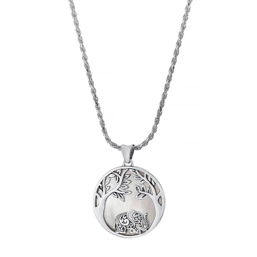 Athra NJ Inc Sterling Silver Oxidized Mother Of Pearl Elephant Scene Pendant Necklace, Women's, Size: 18" Product Image