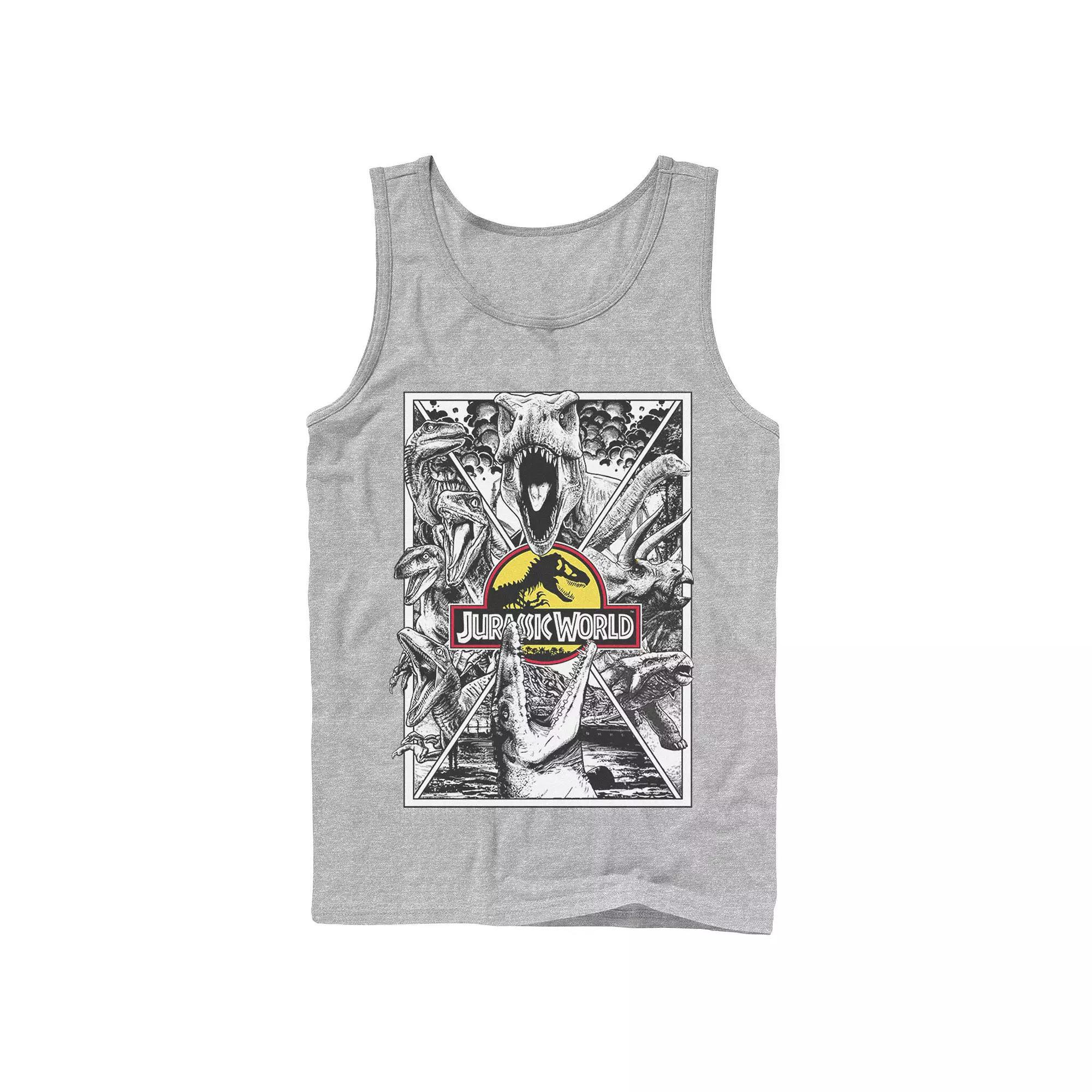 Mens Jurassic World Black and White Comic Dinos Graphic Tank Top Athletic Grey Product Image