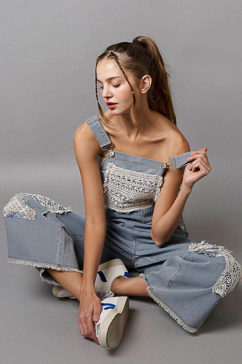 Crochet Patchwork Detail Denim Overalls Product Image