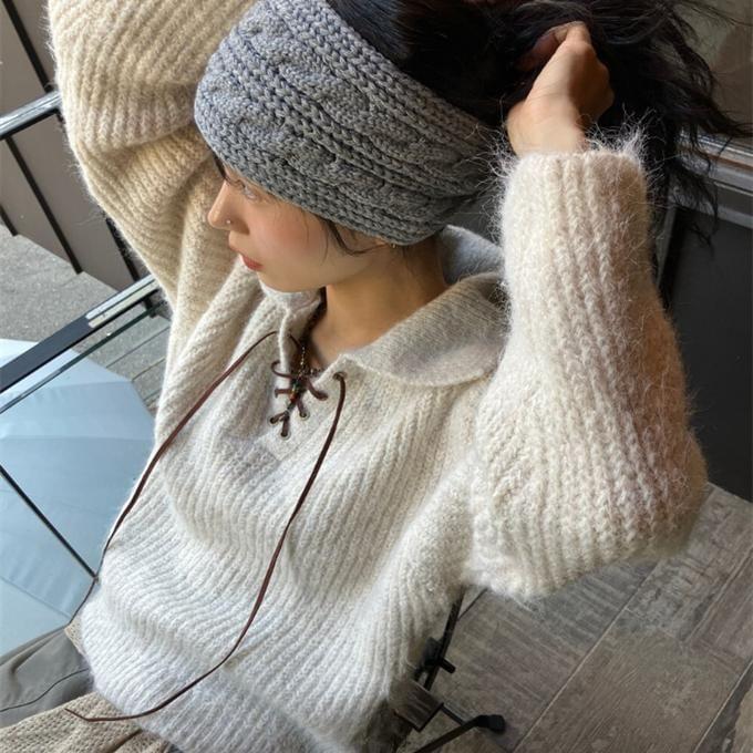 Collar Plain Lace-Up Ribbed Sweater Product Image