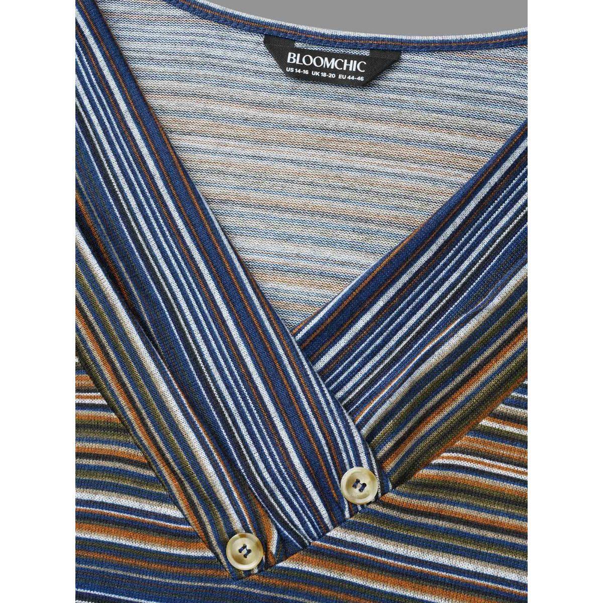 Plus Size V Neck Multi-Color Stripes Slim-Fit T-Shirt Indigo Women Casual Button Asymmetrical Neck Everyday T-shirts BloomChic 12/L Product Image