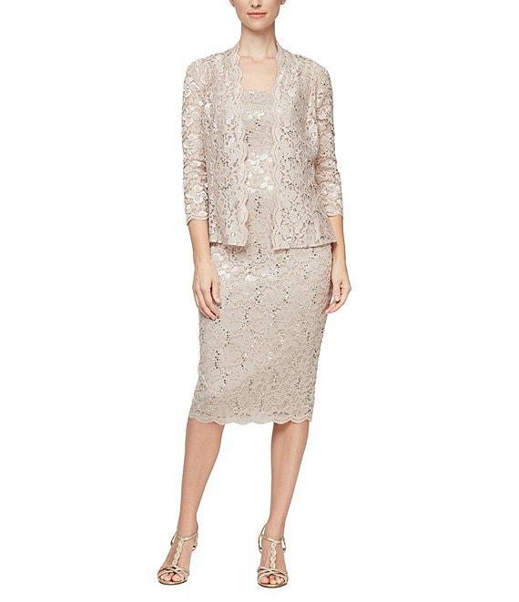 Ignite Evenings 3/4 Sleeve Square Neck Sequin Lace 2-Piece Jacket Midi Dress Product Image