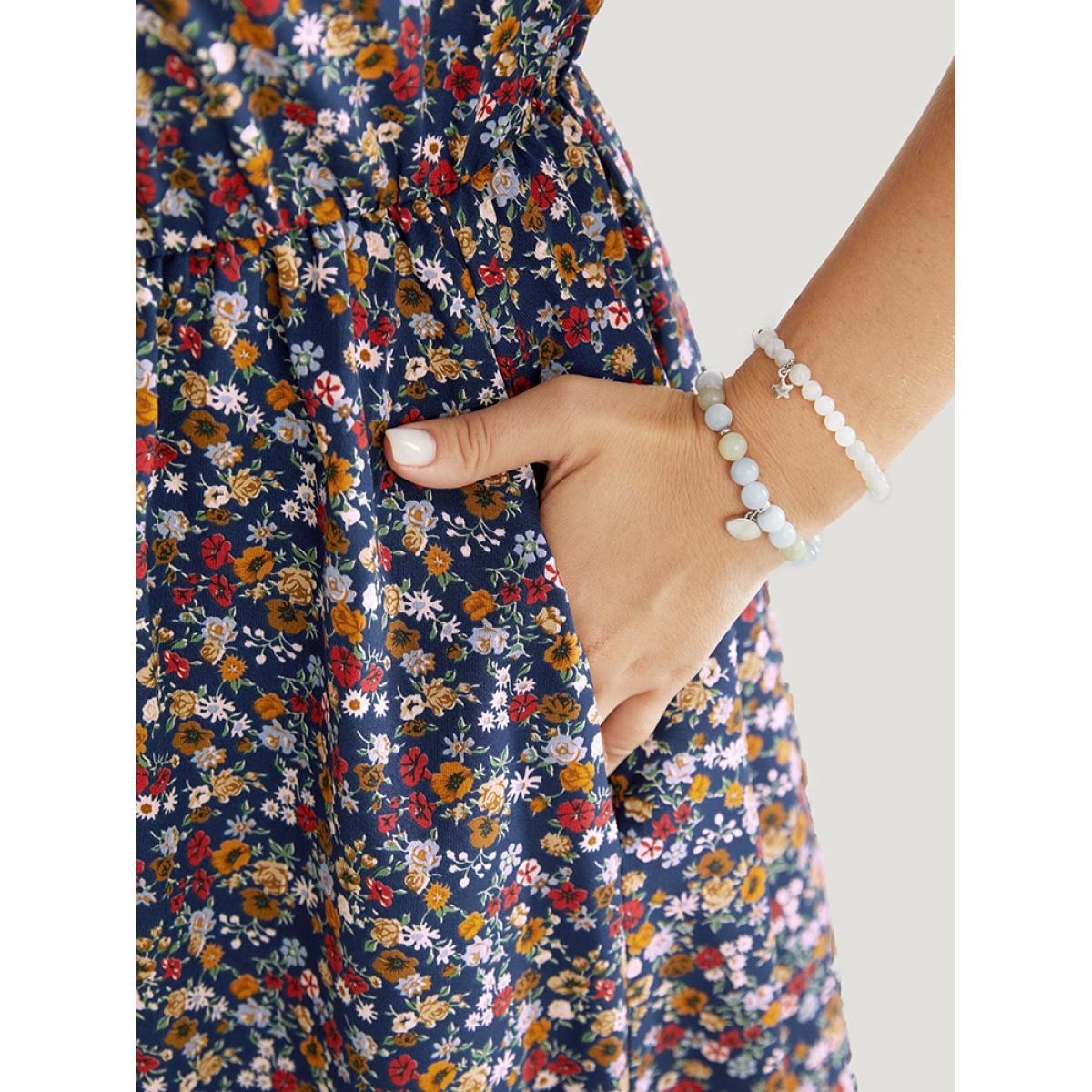 Plus Size Ditsy Floral Ruffle Sleeve Pocket Frill Trim Mock Neck Dress DarkBlue Women Elegant Pocket Mock Neck Half Sleeve Curvy Midi Dress BloomChic 22-24/3X Product Image