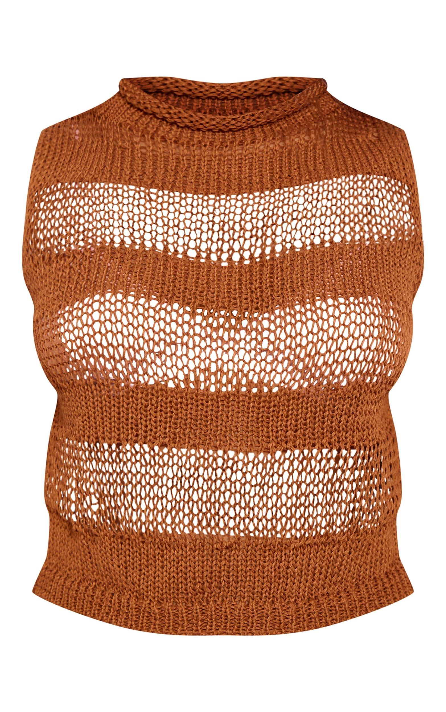 Petite Tan Open Knit Sleeveless Long Top Product Image