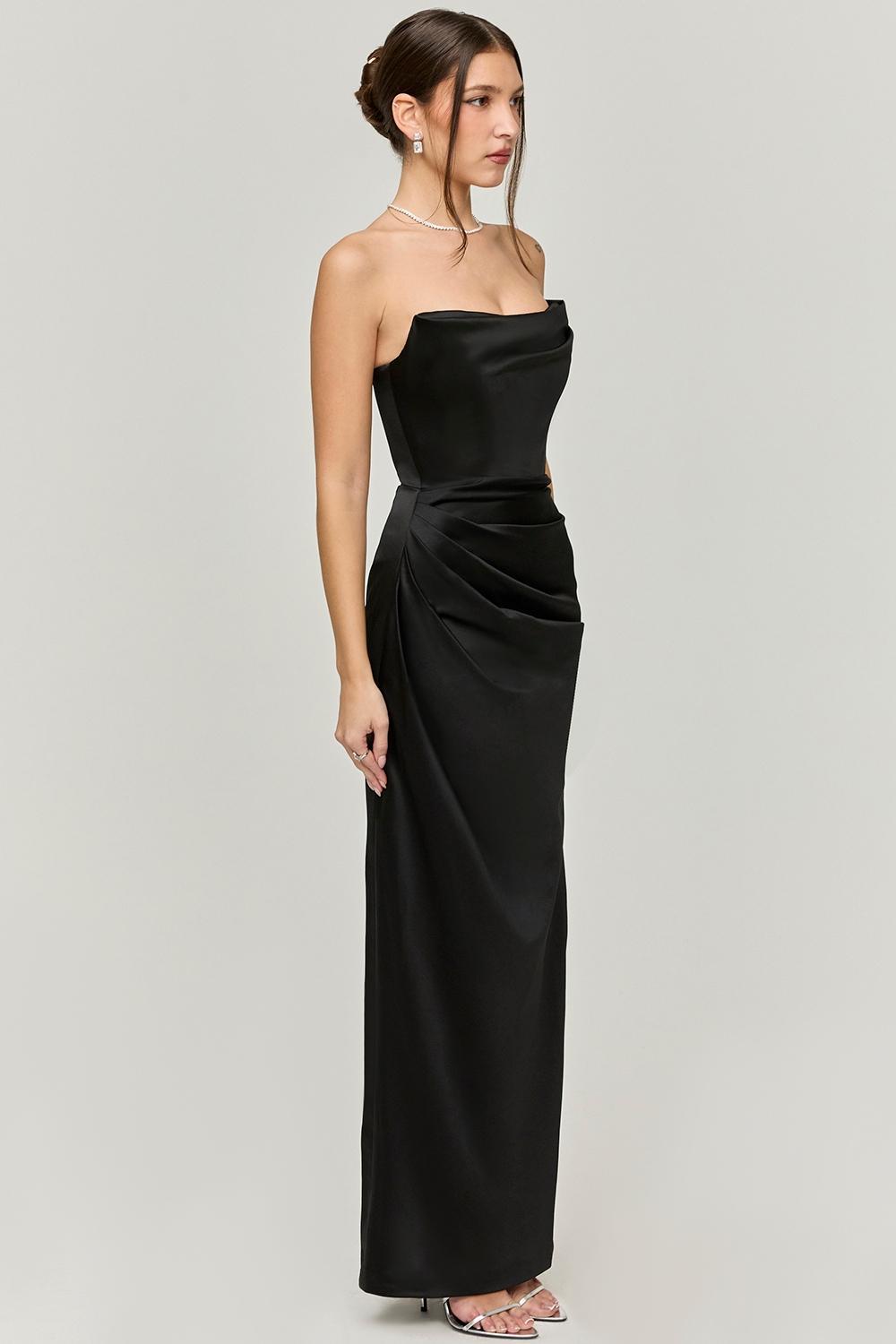 Adrienne Black Satin Strapless Corset Maxi Product Image