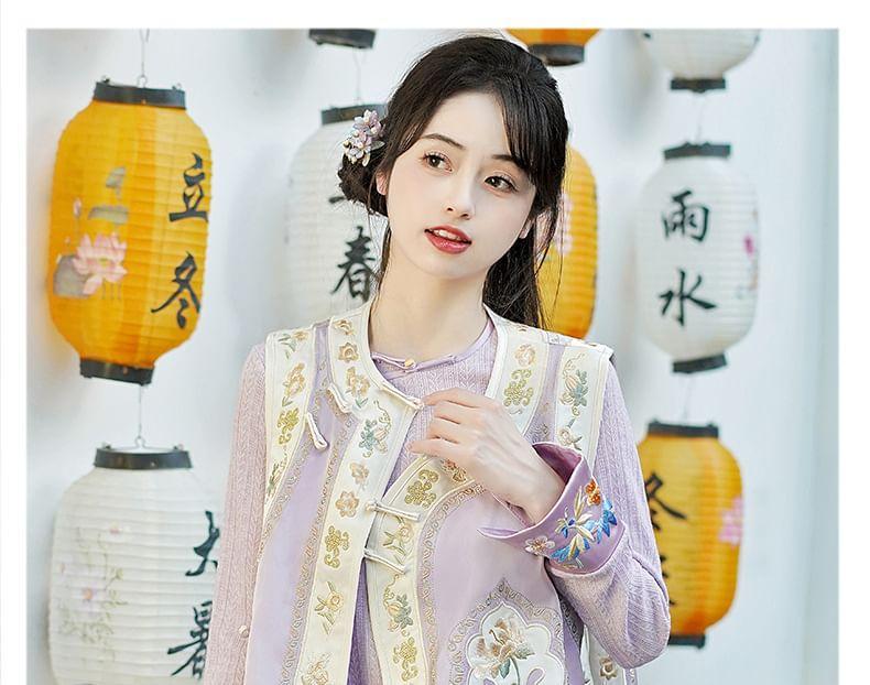 Long-Sleeve Round Neck Floral Embroidered Top / High Waist Floral Jacquard Wide Leg Pants / Vest Product Image