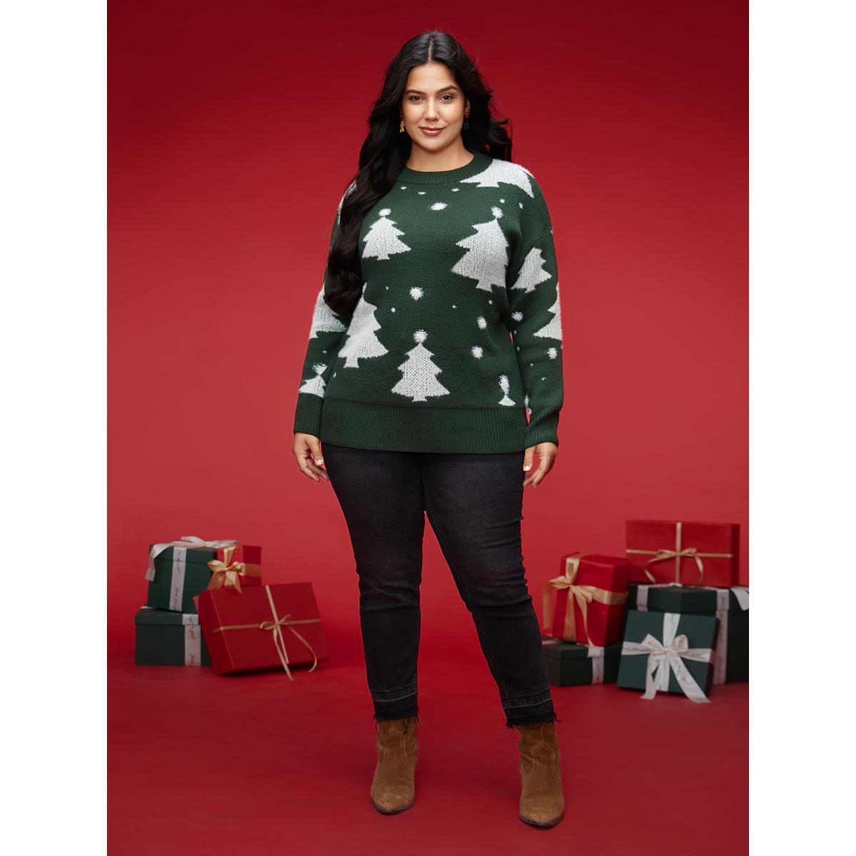 Plus Size Festive Trees Ribbed Detailing Pullover DarkGreen Women Casual Loose Long Sleeve Round Neck Everyday Pullovers BloomChic 30/6X Product Image