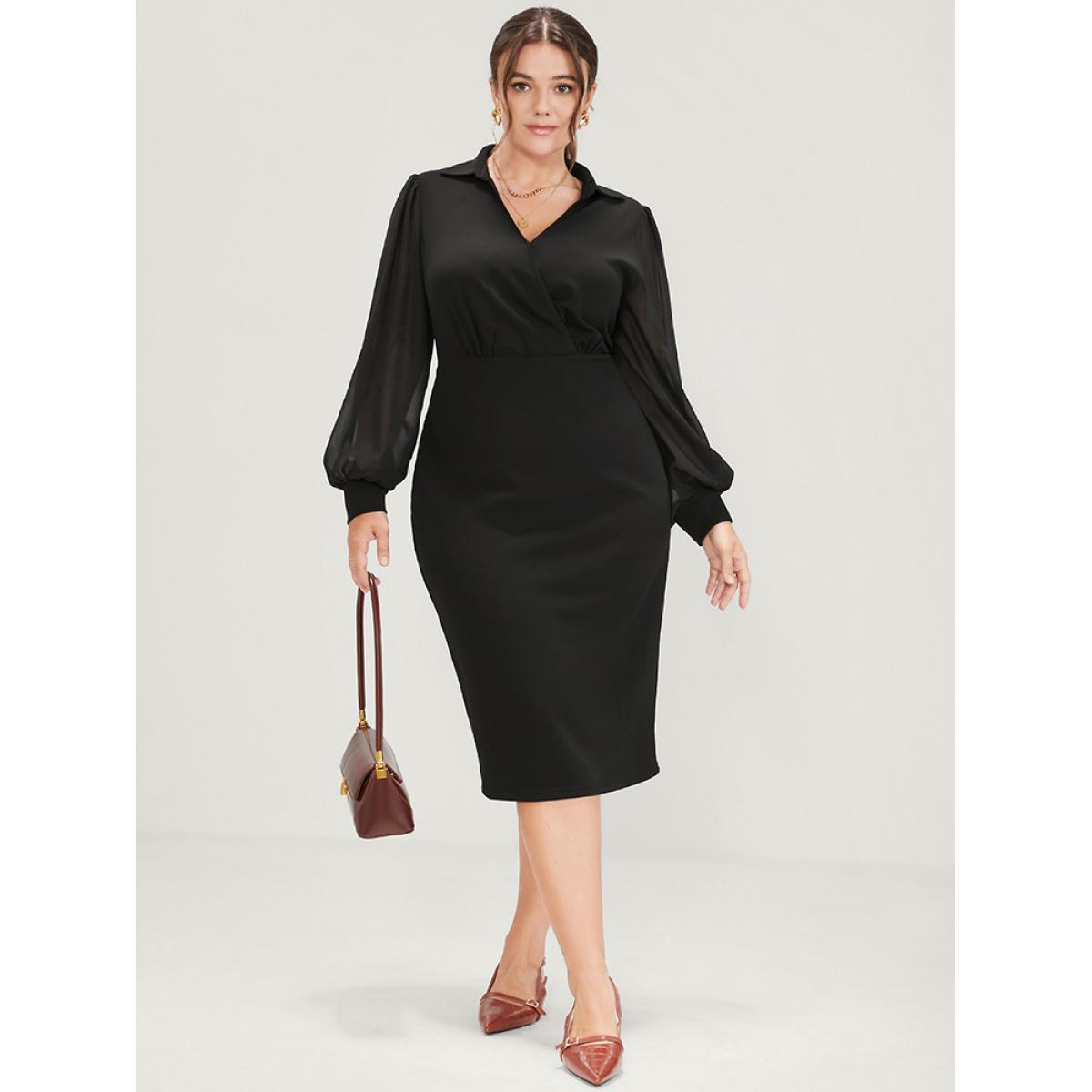 Plus Size Solid Mesh Lantern Sleeve Button Wrap Knee Dress Black Women Office Patchwork Lapel Collar Long Sleeve Curvy Knee Dress BloomChic 26/4X Product Image