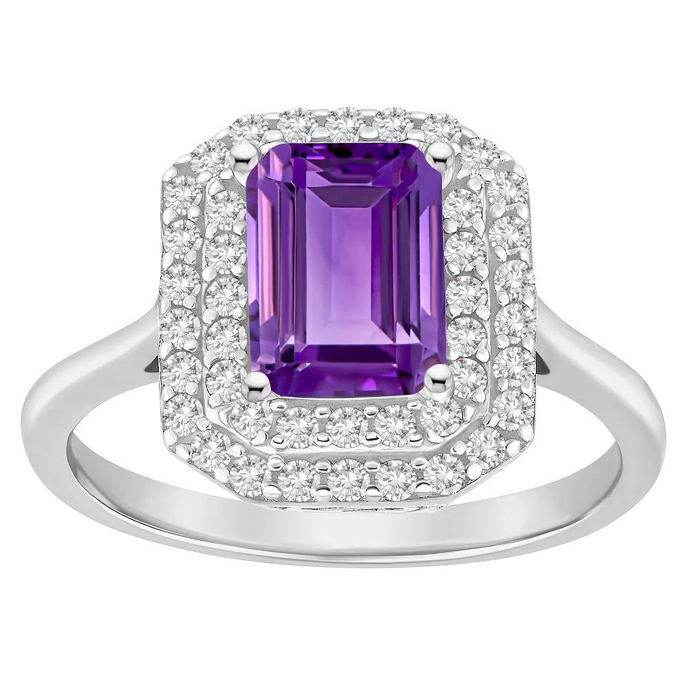 Celebration Gems Sterling Silver Emerald-Cut Amethyst & White Topaz Double Halo Ring, Women's, Size: 8 Product Image