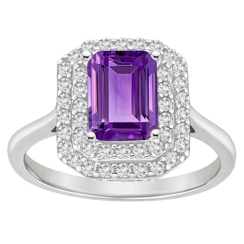 Celebration Gems Sterling Silver Emerald-Cut Amethyst & White Topaz Double Halo Ring, Women's, Size: 8 Product Image