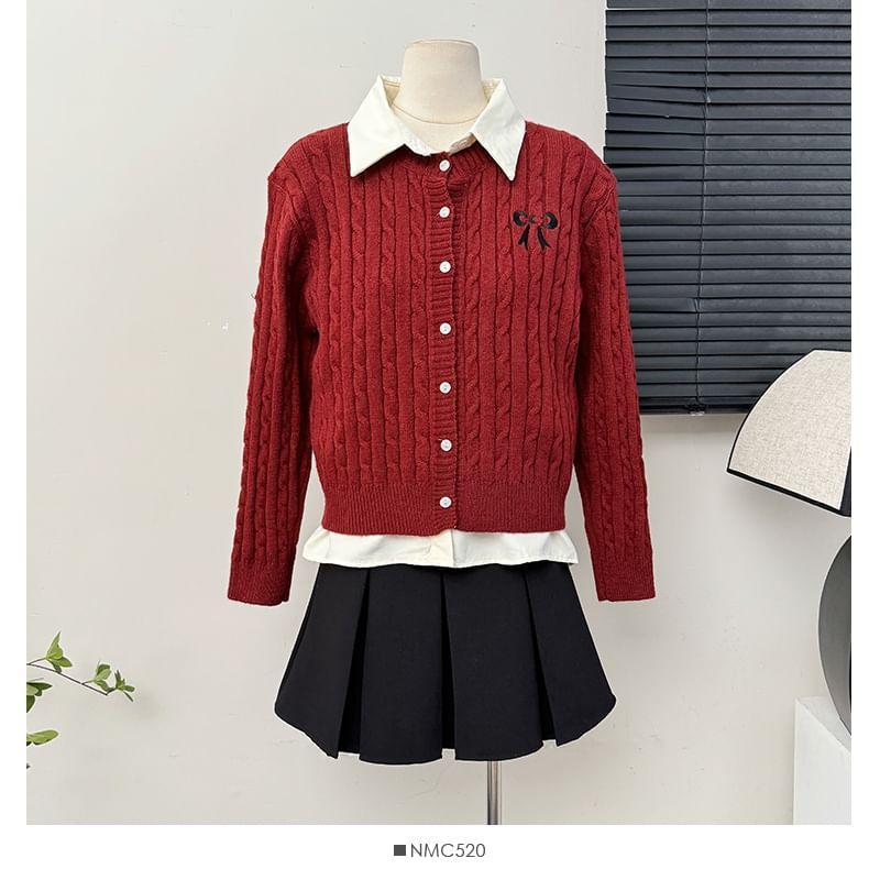 Set: Bow-Embroidered Button-Up Knit Top + Plain Shirt Product Image
