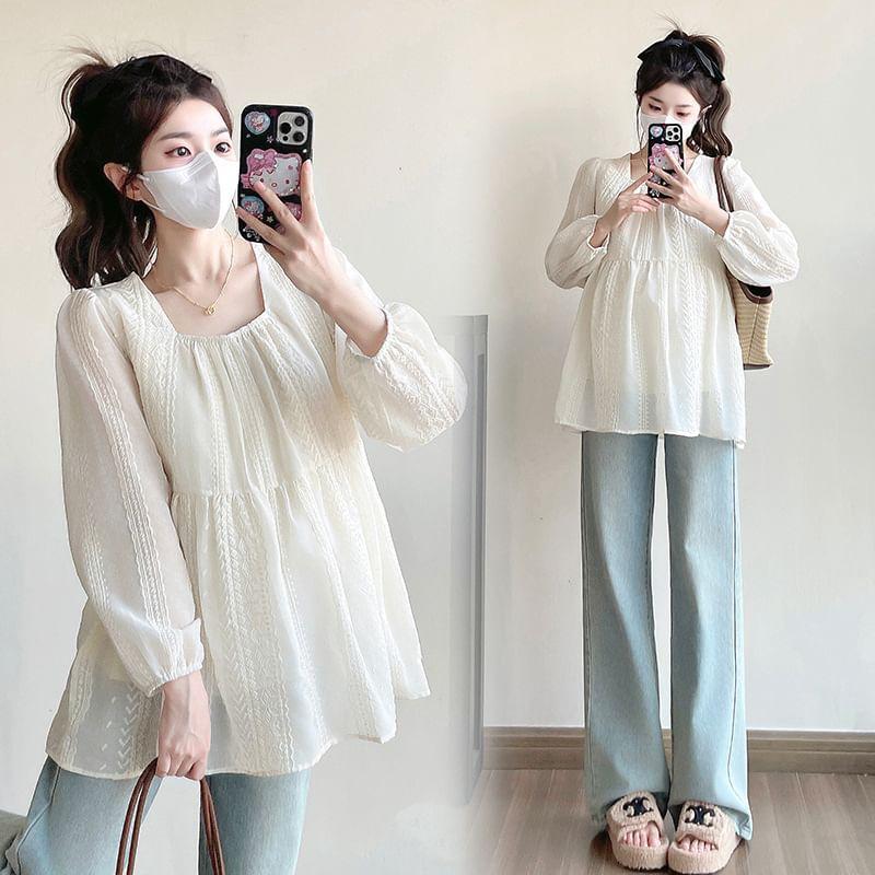 Maternity Long-Sleeve Square Neck Plain Flowy Blouse Product Image